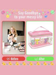 1pc Girls Letter Clear Makeup Bags, Preppy Pink Hair Bag Chenille Patch Makeup Bag Travel Cosmetic Bag With Handle Zipper Waterproof TPU Hair Accessories Organizer Pouch For Girls - Transparent - View 5