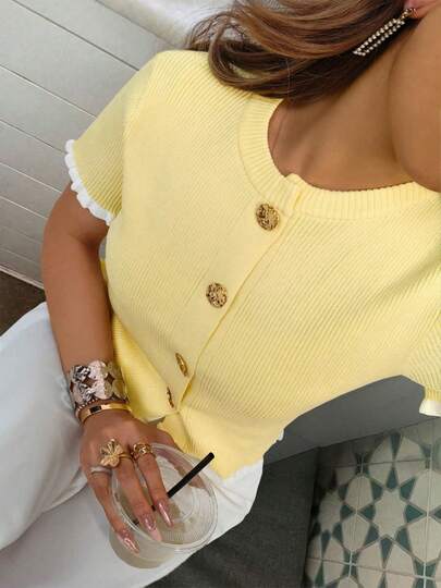 Women's Summer Button Ear Design Edge Design, Cream Yellow Knitted Top, Elegant Casual Plus Size Knitted Top Casual Short Sleeve, Suitable For Dating Daily Wear