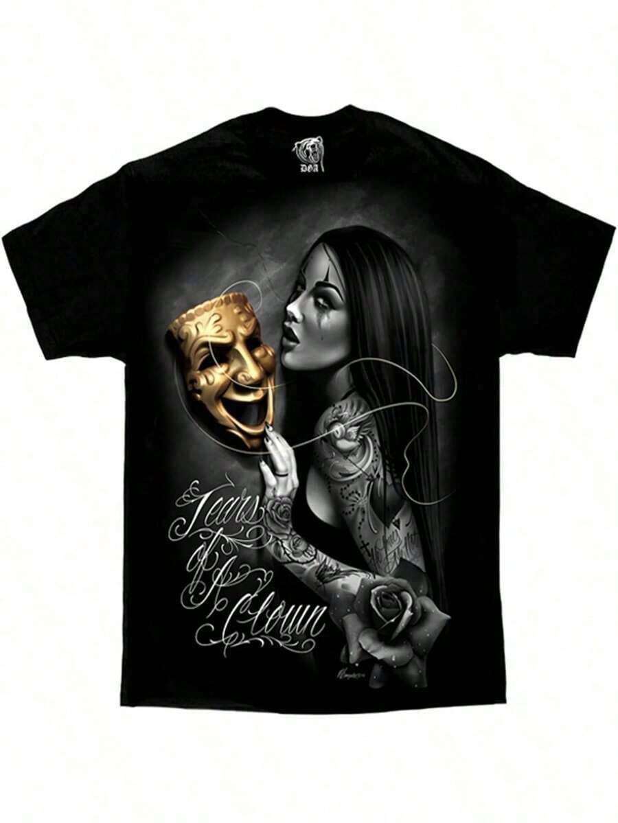 Tears Of A Clown Tattoo Lowrider Homies David Gonzales DGA Art Men's T Shirt.Short-Sleeved Crew Neck T-Shirt_CNXJH TRADING LIMITED - Black - View 1