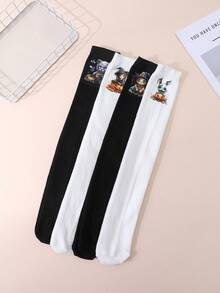 4 Pairs Of Black And White Long Stockings With Bat And Skull Print Patterns For Girls. They Are Suitable For Halloween And Are Backless Calf Socks. - Black and White - View 4