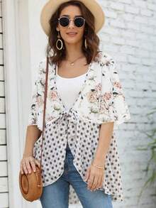 Women 3/4 Ruffle Sleeve Floral Kimono Cardigans Lightweight Patchwork Flowy Boho Tie Loose Cover Ups - White - View 4