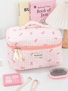 1Pc/Set Cute Pink Plaid & Bow Pattern Large Capacity Cosmetic Bag Multifunctional Travel Storage Bag, Portable Hand-Held Toiletry Bag With Zipper, Suitable For Home, Travel, Vacation And School Use, Travel Essentials, Cruise Essentials, Daily Commuting Essentials, Wedding Bridesmaid Gifts, Back To School Season Gifts And Holiday Gifts Autumn University Essentials Travel Bag For Women Makeup Bag Makeup Organizer
