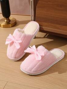 Damen Schleife Plüsch Warme Hausschuhe, Bequeme Rutschfeste Schlafzimmer Hausschuhe für Holzböden, geeignet für Herbst/Winter - Pink - Übersicht 3