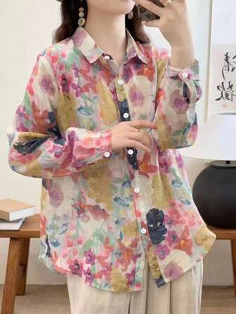 加大码女式花卉印花宽松翻领纽扣长袖衬衫，优雅休闲，适合办公室和日常穿着，春秋季