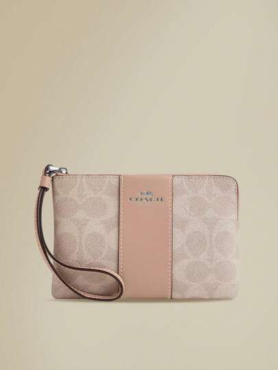 Coach Cartera de muñeca con cremallera en la esquina, bolso de embrague pequeño de piel con correa de muñeca desmontable, billetera de teléfono celular, mini bolso de mano para mujeres