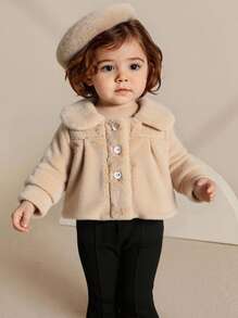 SHEIN Elladie kids 女婴优雅可爱薄款羊毛外套配贝雷帽套装，秋季 - 卡其色 - 查看 2