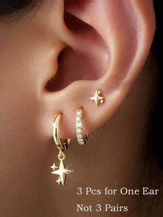 Set de 3 piezas de pendientes apilables con diseño de estrella delicada, chapados en oro de 14K, hipoalergénicos, exquisitos pendientes colgantes de estrella para cartílago, aro y pendientes de botón para orejas sensibles, joyería de múltiples perforaciones para mujeres, niñas y hombres
