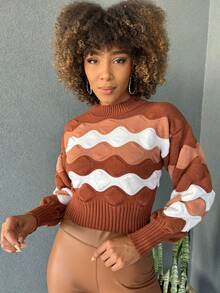 Striped Cropped Top Knitted Modal Office Daily Home Travel - Nâu đất với màu be - Xem 1