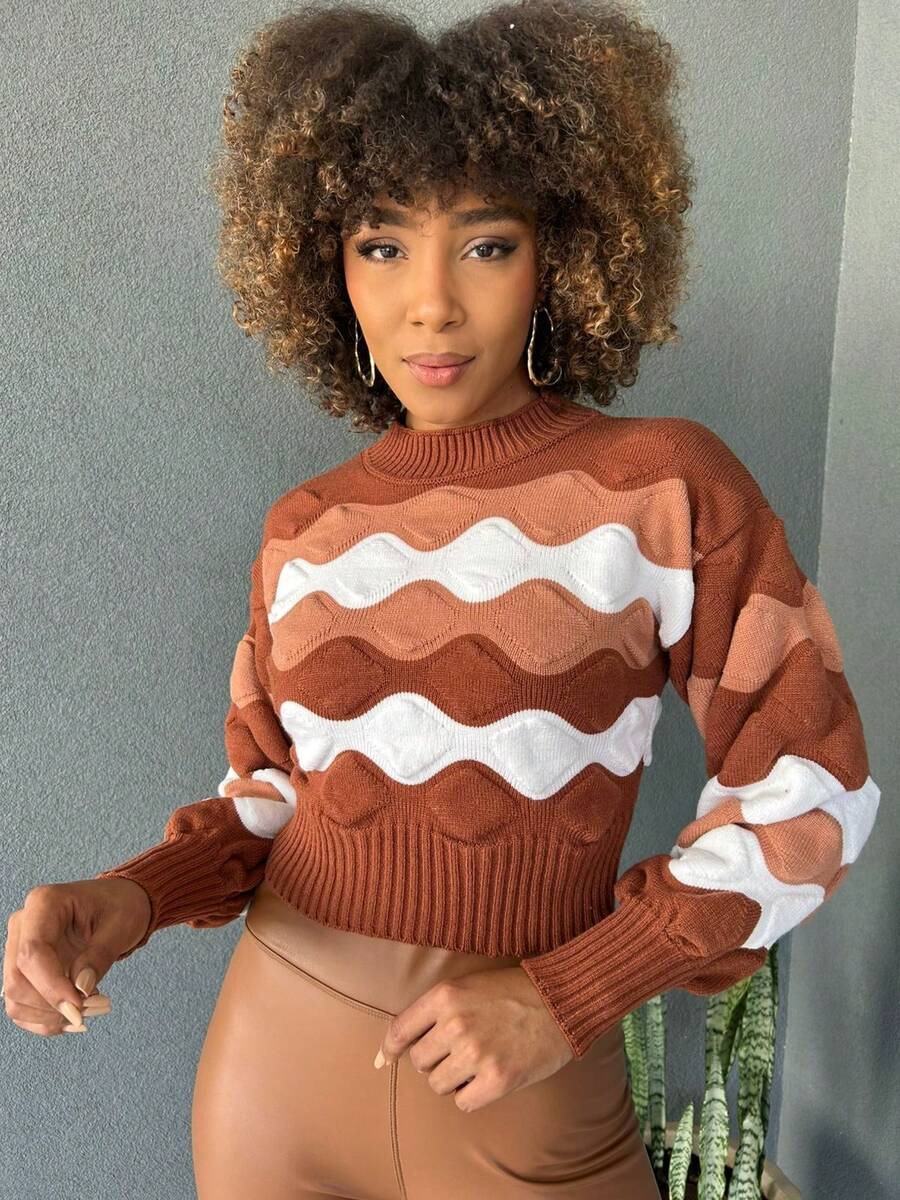 Striped Cropped Top Knitted Modal Office Daily Home Travel - Nâu đất với màu be - Xem 1