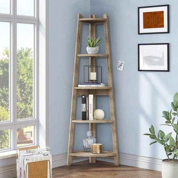 SUN YEE Corner Ladder Shelf, 5-Tier Bookshelf With Strong Support Legs, Triangular Structure Display Stand Rack For Bedroom Living Room Home Office, 37x37x153cm, Natural