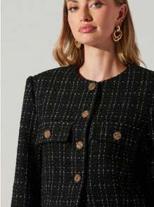 优雅女士粗花呢两件套裙套装，搭配圆领短夹克和迷你裙，纽扣细节，优雅黑色套装 - 黑色 - 查看 3