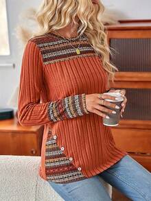 Blusa de manga larga para mujer con estampado elegante de rayas geométricas y cuello redondo - Naranja - Ver 5