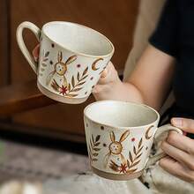 1 件复古厚陶瓷杯，带星星和兔子图案，手绘优雅独特陶瓷杯，适用于拿铁、咖啡、牛奶、办公室水杯、果汁杯、情人节、感恩节礼物 - 彩色 - 查看 4