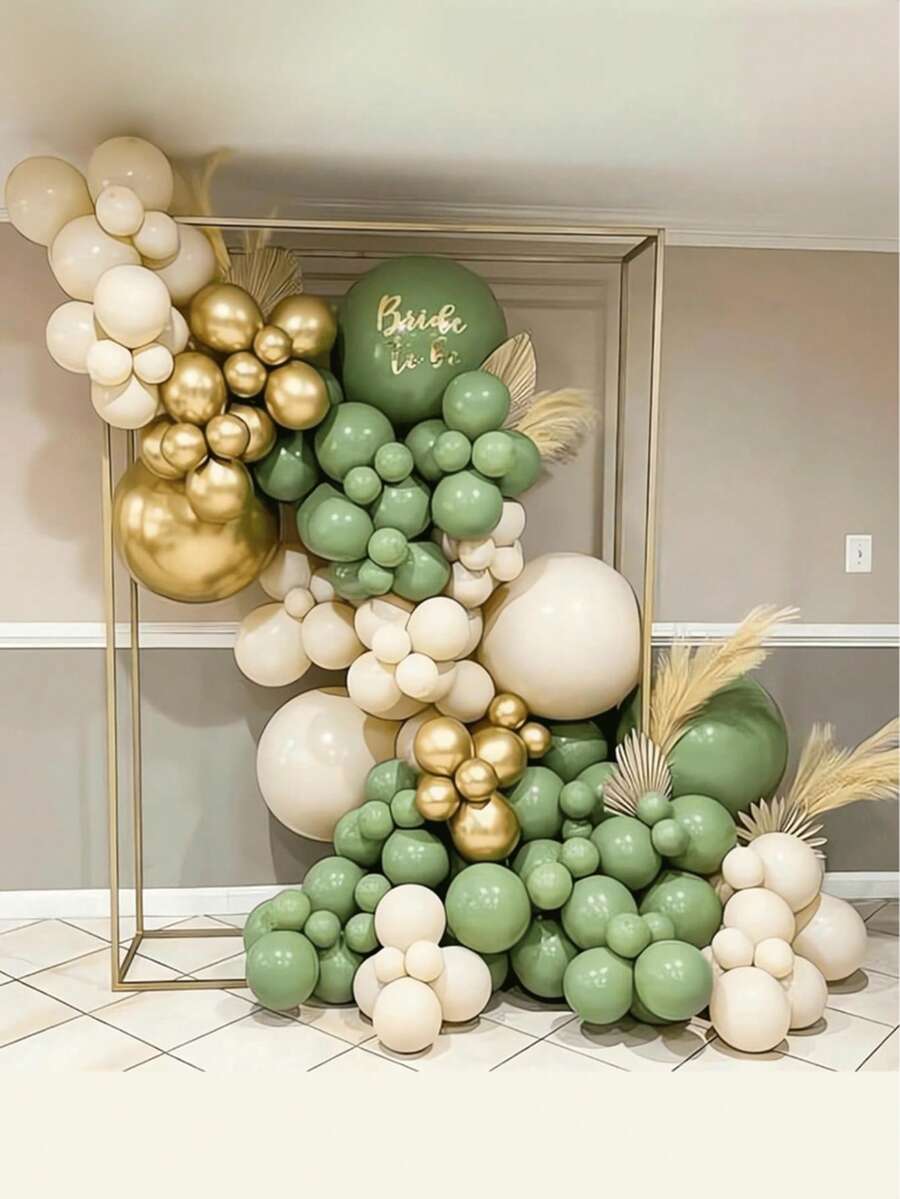 117pcs Sage Green & Gold Balloon Arch Kit, Includes Sage Green Balloons, Complemented By Ivory & Gold Balloons, Suitable For Baby Shower, Birthday Party, Jungle Theme Party, Wedding Decoration - Multicolor - View 1