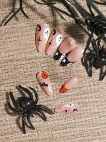 VV MEI JIA ER 24Pcs Halloween Nails Medium Long Almond Acrylic Nail Suppliers Spooky Fake Nails With Halloween Themed Designed Press On Nails, Black French Tip Nails (Ghosts, Pumpkin Witches, Vampires, Blood, Cobwebs) + 1Pc Jelly Gel + 1Pc Nail File Nail Supplies Nails - Multicolor - View 5