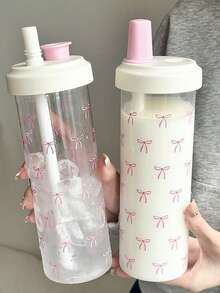 1pc Minimalist Pink Bow 850ml Capacity Water Bottle, Pearl Milk Tea Summer Cup, Portable High-Value Niche Large Capacity Thick Straw Plastic Cup, Suitable For Girls And Students