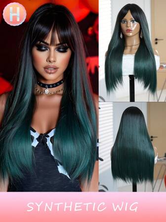 22 英寸深绿色长直发假发，带刘海，合成纤维耐热假发，完全机器制造，适合日常聚会、万圣节、化妆舞会装扮、节日角色扮演头带。万圣节女士天然美丽合成柔软假发纤维假发，圣诞节合成纤维耐热假发