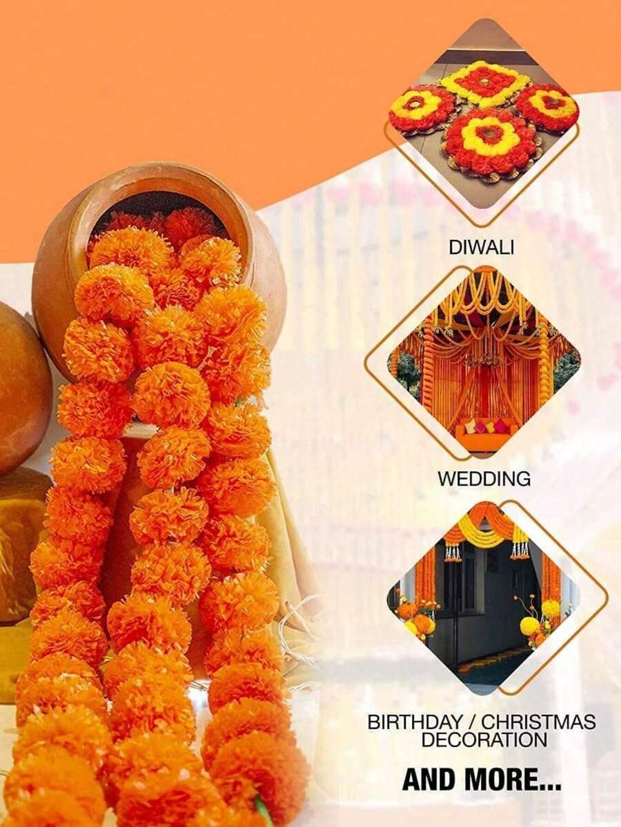 5英尺长的仿真万寿菊可用于宗教仪式、婚礼、活动装饰、家居装饰、房间装饰、墙面装饰、生日和毕业礼物等。