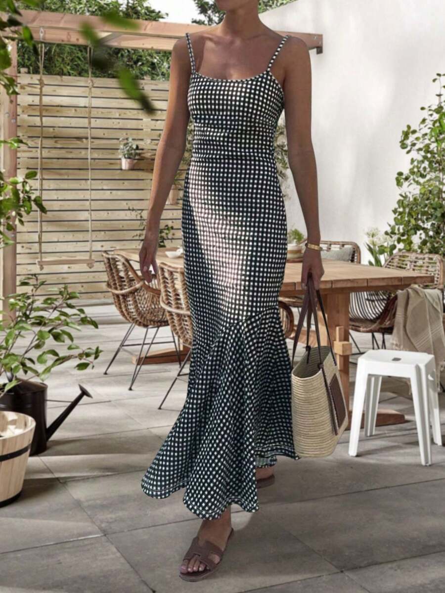 Summer Popular New Hot Style Fashion Casual Holiday Style Light And Elegant Ladies All-Match Slim Fit Out Home Travel Work Preferred Summer New Plaid Print Fashion Casual Holiday Style Women's Suspender Dress - 黑色 - 查看 1