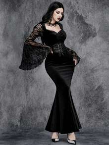 Vestido de mujer gótico y sexy con mangas de encaje, parches y cola de sirena con terciopelo para Halloween. Vestido elegante y formal de noche, para graduación, cena, fiesta de boda como invitada