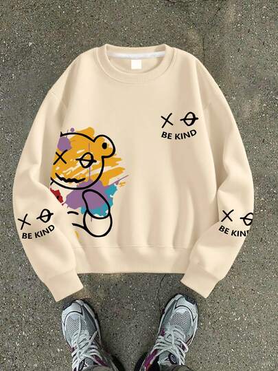 1PC Boy "BE KIND" Text - Element Crew Neck Sweatshirt, Comfortable, Spring Autumn Street Strolling Personalized Style