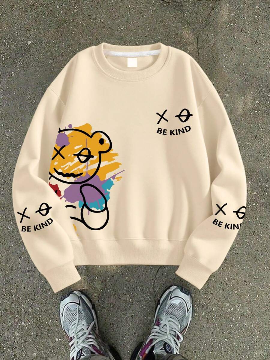 1PC Boy "BE KIND" Text - Element Crew Neck Sweatshirt, Comfortable, Spring Autumn Street Strolling Personalized Style - Apricot - View 1