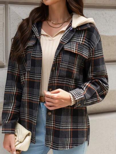 Jaqueta leve com capuz xadrez feminina, primavera/outono
