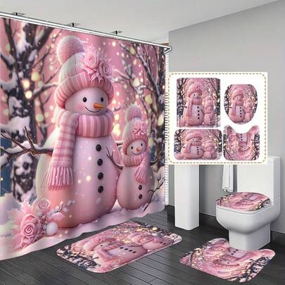 Merry Christmas Pink Snowman Bathroom Set - Dreamy Top Polyester Bathroom Set With Hooks, Non-Slip Mat, U-Shaped Mat And Lid Cover, Cartoon Jacquard Washable Decor, Suitable For All Seasons Bathroom Decor