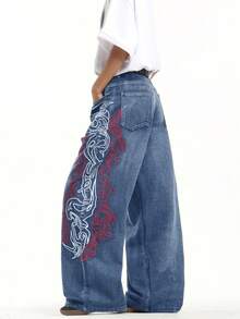 1pc Hong Kong Style High Street 3D Embroidered Floral Fashion Versatile Men's Washed Loose Wide Leg Jeans (Product Does Not Include Belt And Accessories) - Blue - View 2