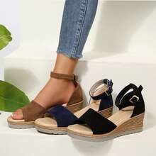 Wedge Sandals For Women Open Toe Ankle Strap Heels Sandal Dressy Summer Platform Comfortable Slip On Casual - 藏蓝色 - 查看 5