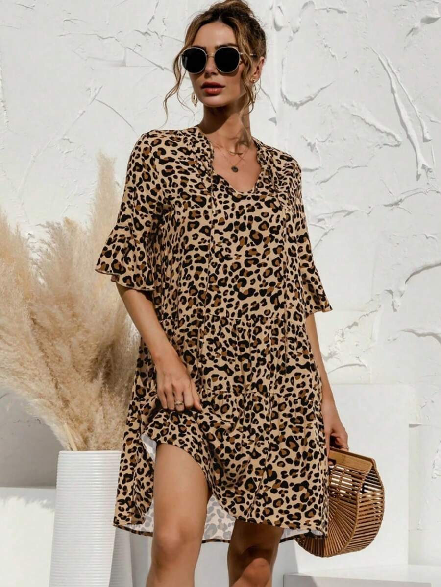 女式豹纹V领短袖休闲优雅连衣裙，春夏 - 卡其色 - 查看 1