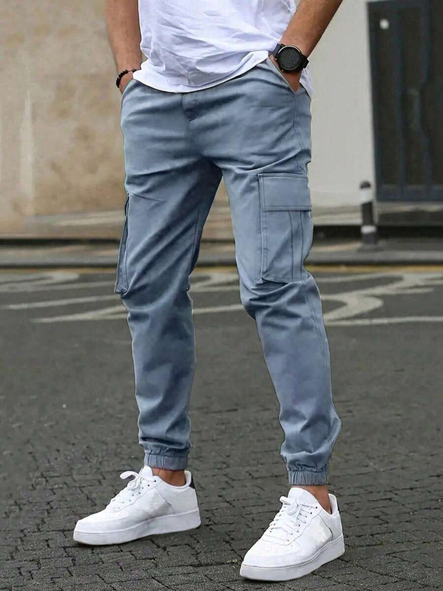 1pc Teen Boy Casual Straight Leg Elastic Cuff Pants With Pockets, Spring/Autumn/Winter - Dusty Blue - View 1