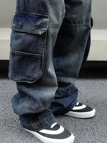 Men's Baggy Denim Cargo Pants Loose Fit Streetwear Wide Leg Workwear Style With Large Side Pockets - 深色水洗藍 - 查看 6