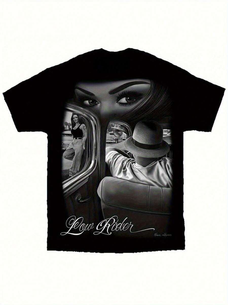 Men's Graphic-Shirt - Vintage Lowrider Car & Woman Portrait - David Gonzales Artist DGA Signature - Heavyweight Black Tee - Mexican-American Cultural Apparel - Streetwear Essentials - Washable Adult Casual Shirt, Everyday Comfort, Artistic Print, Bold Graphics, Urban Style, Quality Stitching, Printed Shirt, Art Lovers - màu đen - Xem 1
