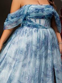 VIPGIRL 优雅蓝色花朵露肩大码礼服，高开衩，薄纱覆盖，长款正式晚礼服，女士公主风格舞会礼服，婚礼宾客礼服，奢华舞会礼服，女士派对礼服 - 藍色 - 查看 10