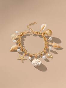1pc Ocean Theme Starfish, Shell, Pearl Beaded Bracelet, Fashionable Multi-Layer Pendant Bracelet, Suitable For Beach Party And Vacation (Handmade, Color And Size May Vary Slightly)