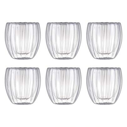 6 Stück eiförmige doppelschichtige Glasbecher, vertikales Streifendesign, kälte- und verbrühsicher, aus Borosilikatglas, hitze- und kältebeständig, spülmaschinenfest, 250 ml/8,5 oz, kleine Kaffeetassen, Latte-Cups, auch für Cappuccino, Tee und Espresso geeignet