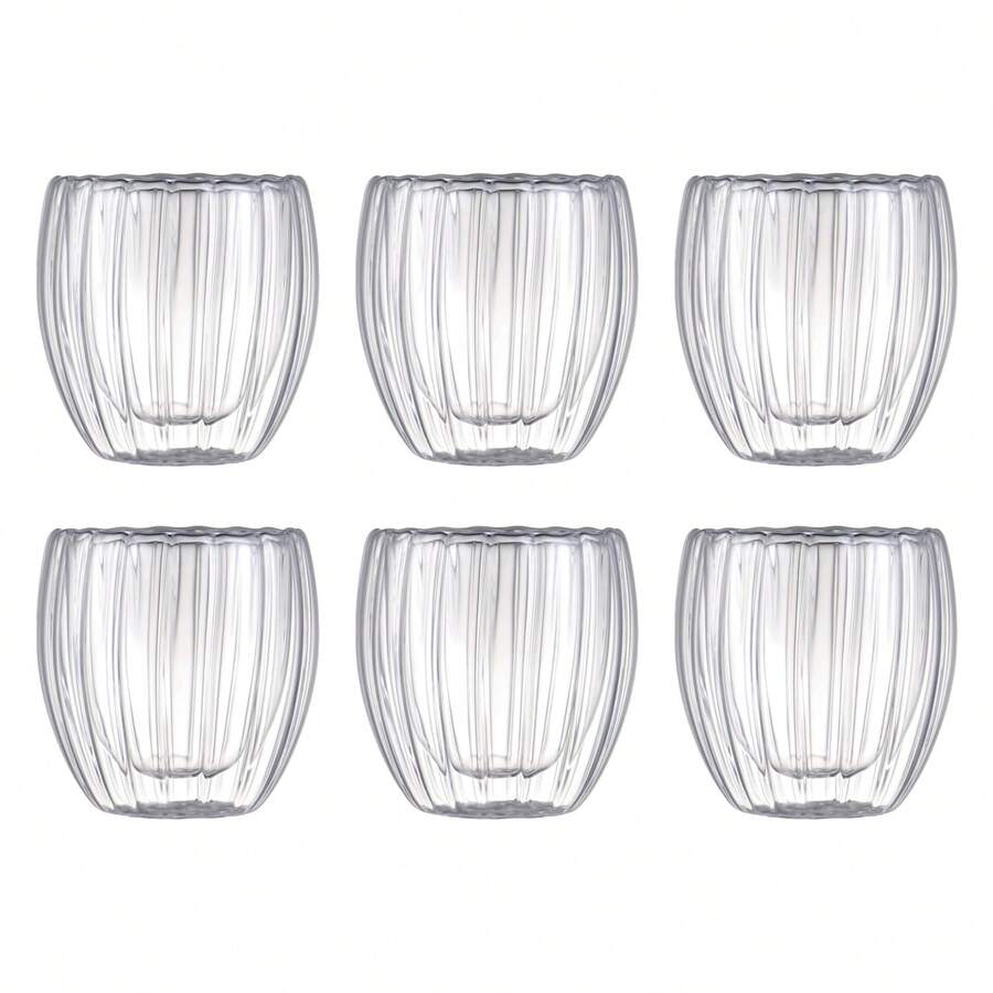 Set Of 6 Egg-Shaped Double-Layered Glass Cups, Vertical Stripe Design, Cold And Scald-Proof, Made Of Borosilicate Glass, Heat And Cold Resistant, Dishwasher Suitable, 250 Ml/8.5 Oz, Small Coffee Cups, Latte Cups, Also Suitable For Cappuccino, Tea, And Espresso - 無色 - 查看 1