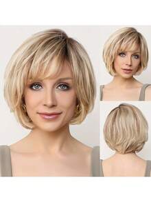 Peruca elegante, cabelo curto estilo fada, penteado dourado degradê para estudantes, bobo tingido no topo, com capa de fibra sintética por dentro, densidade 150%, fibra sintética, para perucas femininas