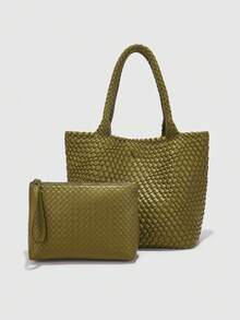 DK DKMG 1 件 PU 材质全新手工真编织手提包，时尚优雅百搭大容量手提包，适合妈妈、礼物、日常使用 - 綠色 - 查看 1