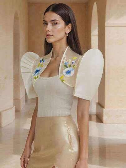 Amyenjoylife Modern Filipiniana Ladies' Summer Elegant And Fashionable Printed Splicing Bubble Sleeve Short Coat