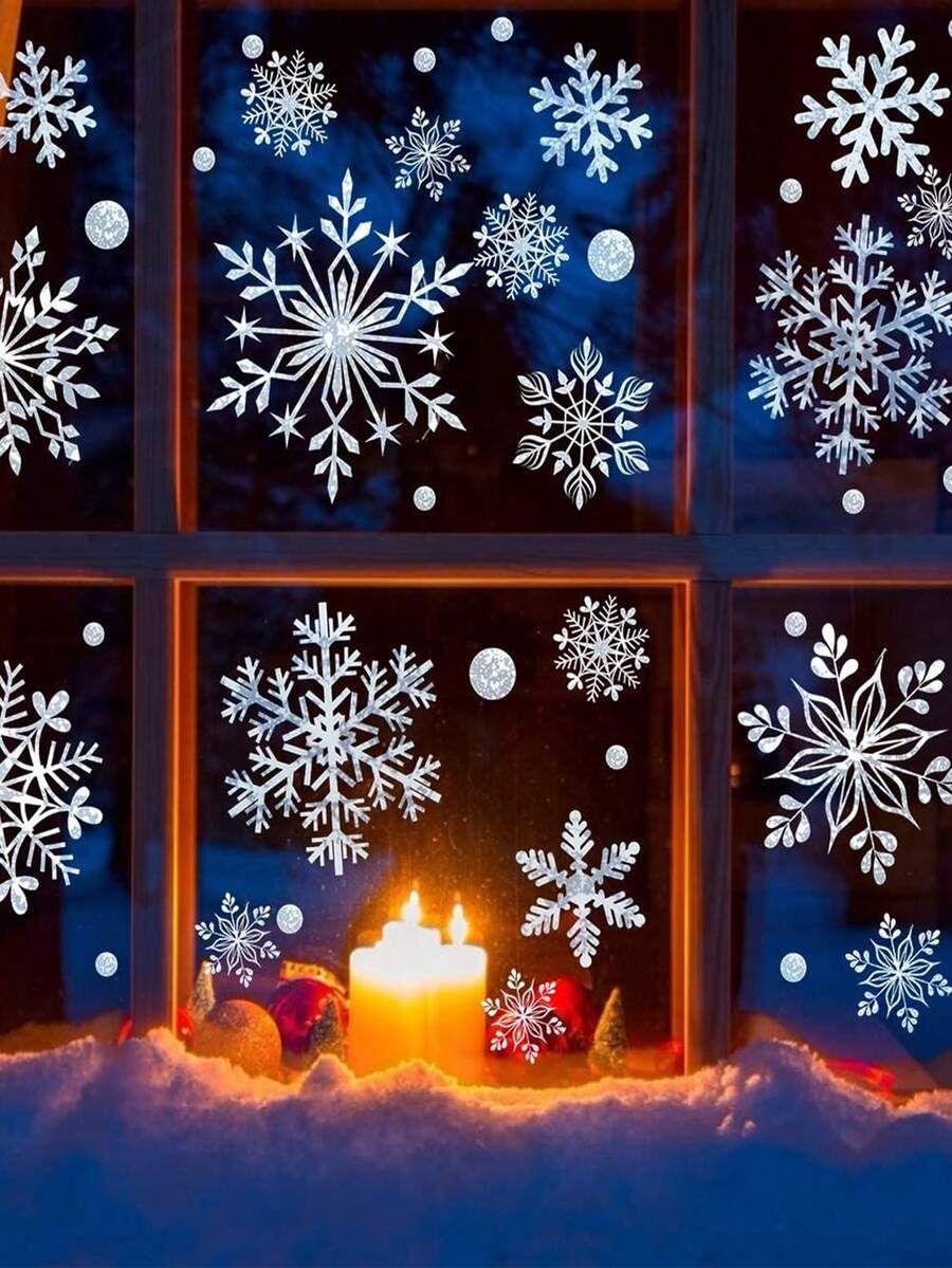 9 feuilles - Ensemble de décorations adhésives de flocons de neige de Noël, autocollants de fenêtre thème Noël blanc, autocollants de fenêtre de flocons de neige d'hiver pour fête, décorations de fenêtre de Noël, autocollants et décalcomanies de fenêtre d'hiver, décorations de Noël pour bureau et intérieur