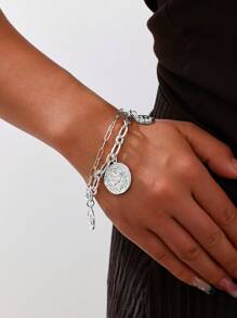 1pc Double Layer Green Rhinestone&Pearl Decor Chain Bracelet, Suitable For Daily Wear - Silver - View 2