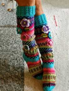 Women's Thigh High Socks Over The Knee Cable Knit Boot Socks, Boho 3D Flower Multicolour Embroidery Long Stcokings Winter Warm Christmas Holiday Leg Warmers