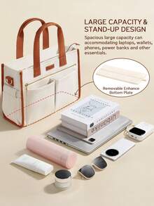 Canvas Tote Bag For Women, 15-Pocket Large Crossbody Handbag Bible Laptop Bag Zipper Bookbag For Teacher Work Travel College - 黑白 - 查看 4