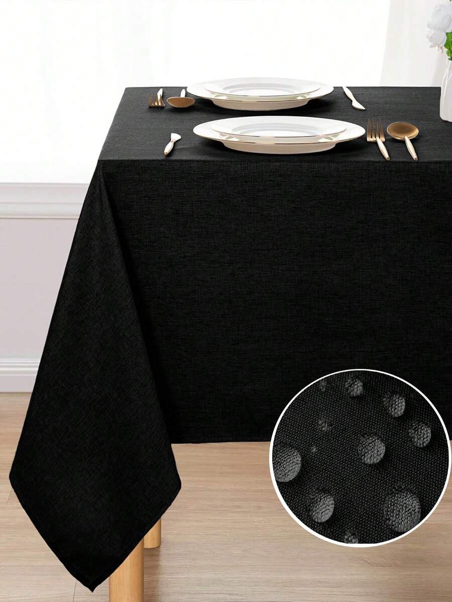 1pc Water-Repellent, Splash-Proof, Dirt-Resistant Thick Faux Linen Rectangular Tablecloth, Rustic Solid Color Coarse Linen, Tear-Resistant And Durable, Suitable For Dining Table, Kitchen, Cafe, Home Dinner, Catering, Patio, Wedding, Brunch, Farmhouse, Afternoon Tea, Party, Buffet, And More Occasions - Black - View 1