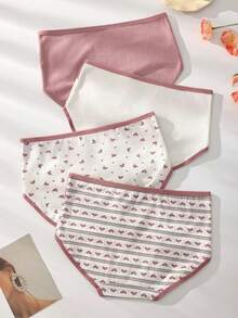 4-Piece Set Of Pink Hearts Underwear Women High Waist Comfort Ropa Interior De Mujer Autumn And Winter Seasons Cotton Underwear Women High Quality Panties For Women - 彩色 - 查看 6