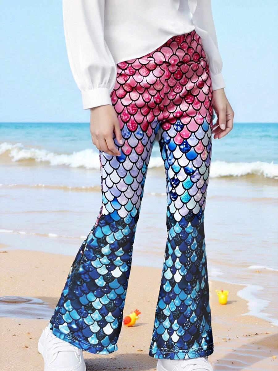 Girls Mermaid Scale Flare Pants, Mermaid Princess Print Cute Stretchy Slim Fit Casual Trousers For Young Girl - Blue - View 1