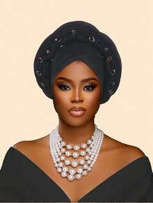 1件重工镶钻多层非洲尼日利亚婚礼头巾，适合婚礼、母亲节礼物、睡帽 - 彩色 - 查看 14