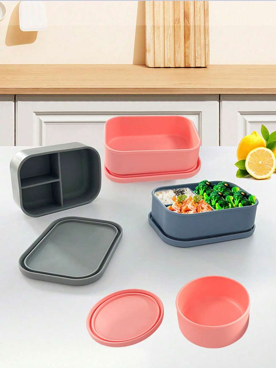 1 Piece Silicone Microwave Safe Three Compartment Bento Box, Square Divided Microwave Lunch Box, Portable And Handheld Leak-Proof Food Container, Suitable For Student Back To School, Work, College, Kitchen Storage And Storage, Kitchen Accessories - Multicolor - View 1